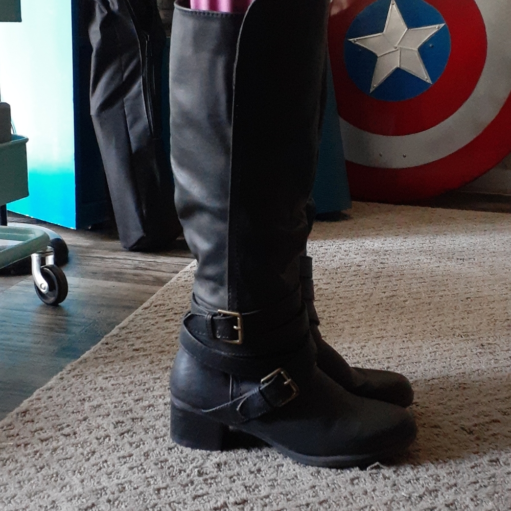 Knee High Black Boots Zip Up Wedge Heel